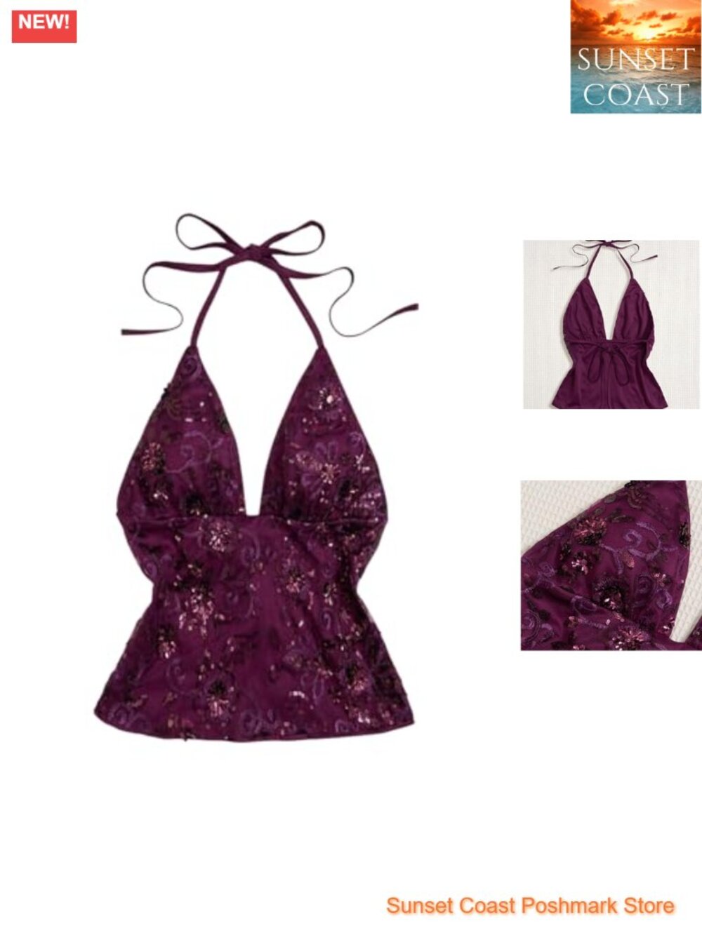 Sequin Halter Top Crop Deep V Tie Back Open Back Sleeveless Going Out Top